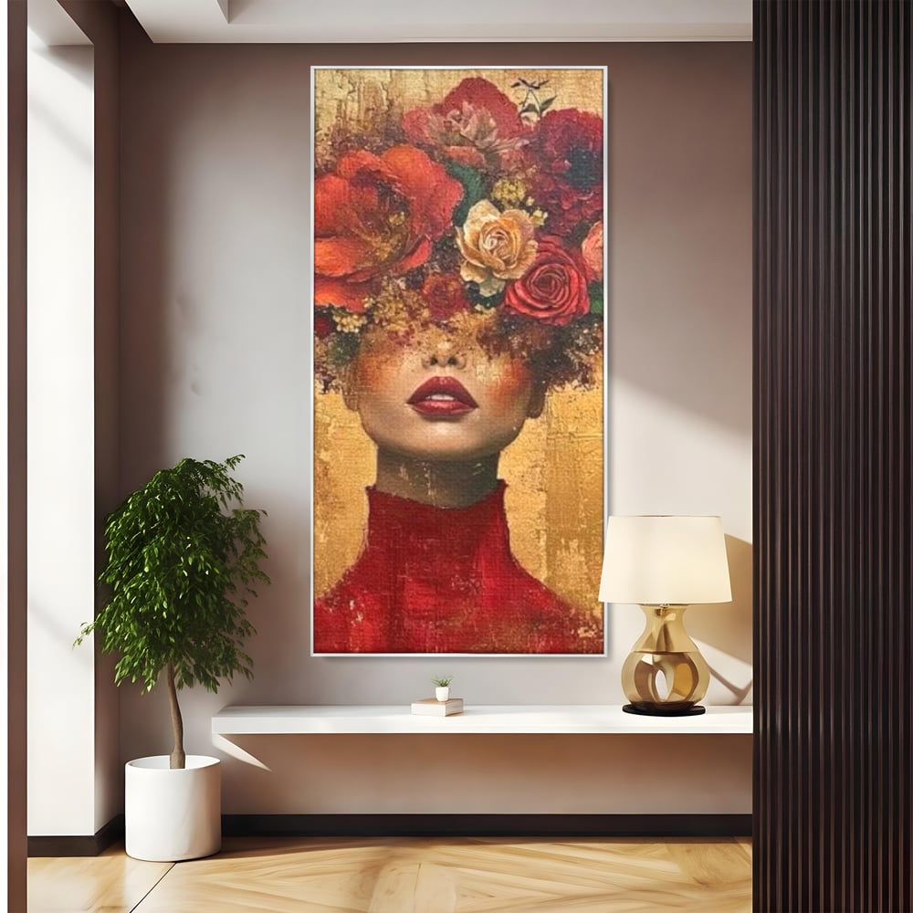 Tablou canvas cu tablou canvas cu portret de femeie si flori, in rama de aluminiu argintiu